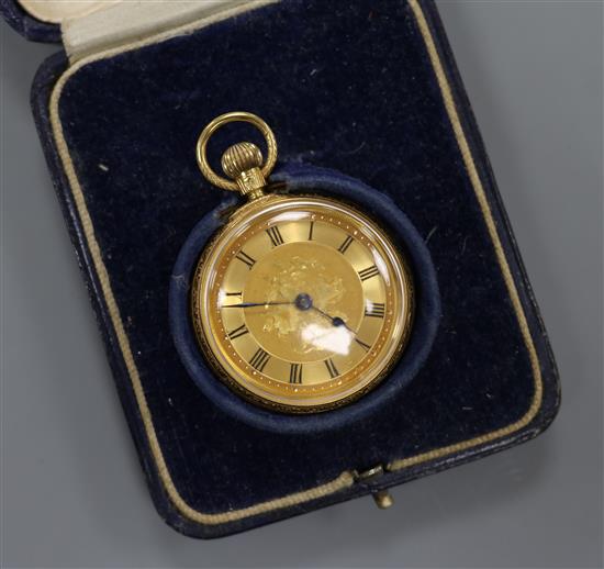 An engraved 18ct gold bob watch, in case.